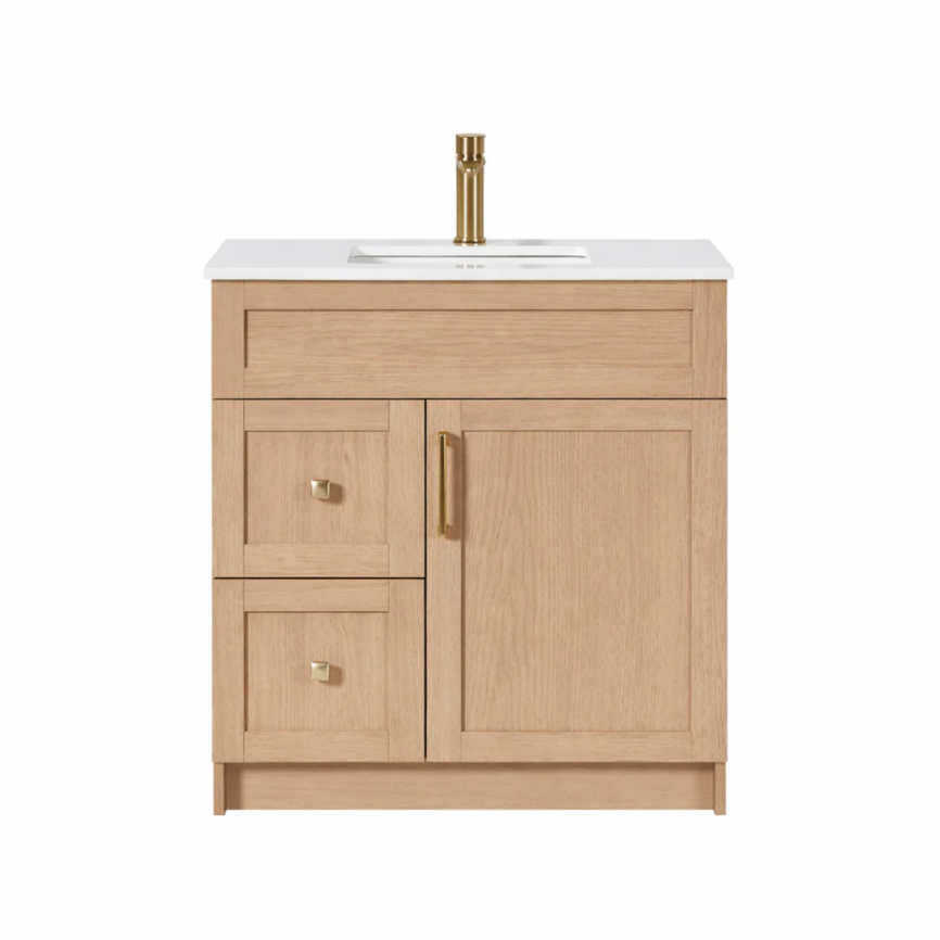 30” Bathroom Vanity Oak Light (HDF) – Regular Shaker/Free Standing With Left/Right Drawer