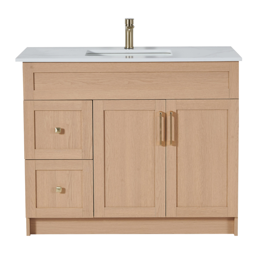 36” Bathroom Vanity Oak Light (HDF) – Free Standing With Left/Right Drawer