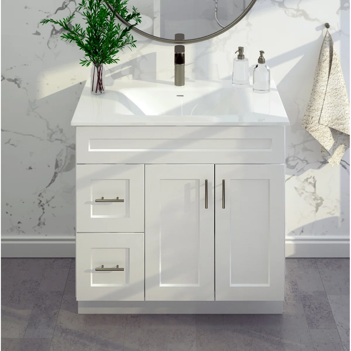 36''+Bathroom+Vanity+Sink+Base+with+Drawers+Cabinet+in+White+Shaker