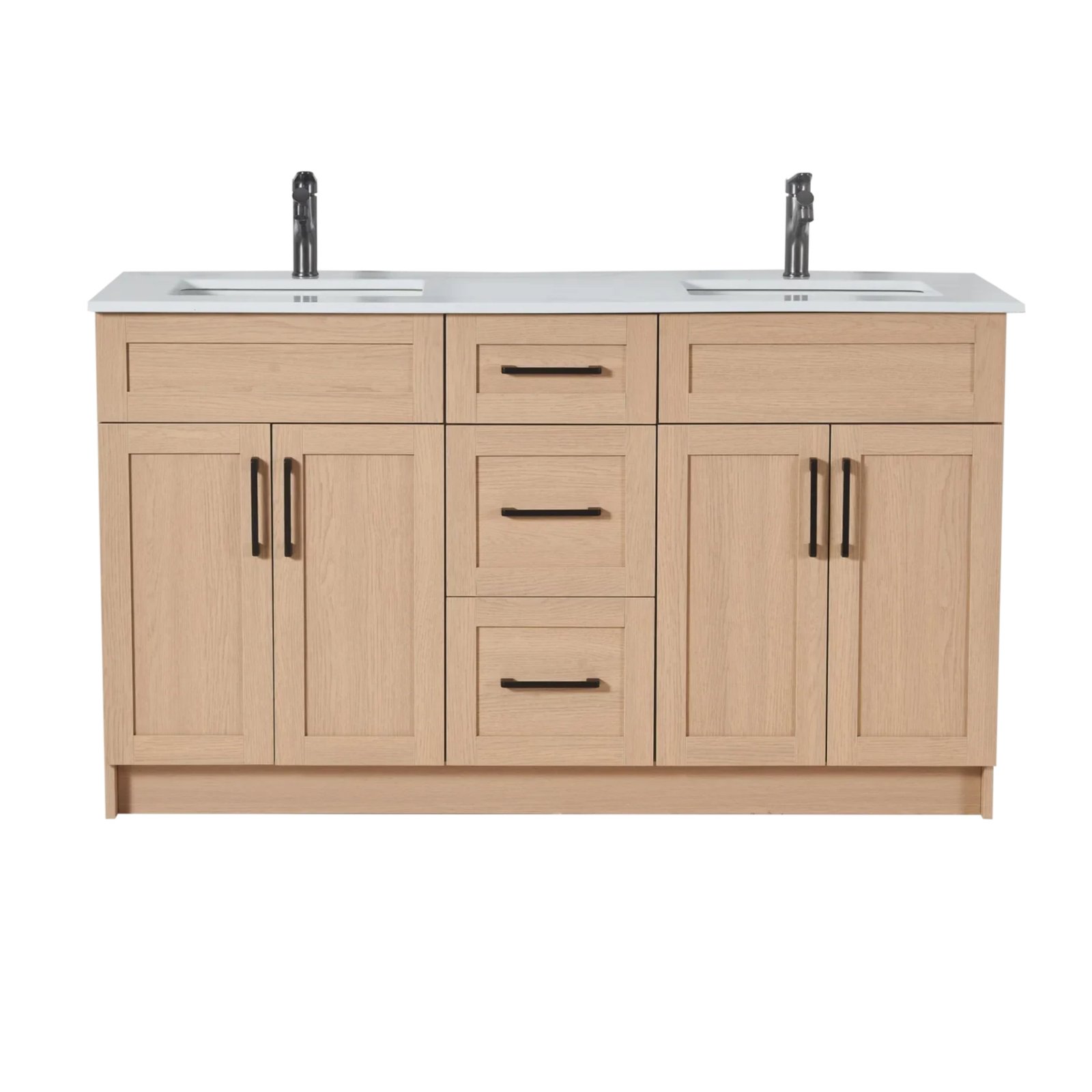 60” -Double-sink Bathroom Vanity Oak Light (HDF) – Regular Shaker_Free Standing With Left_Right Drawer
