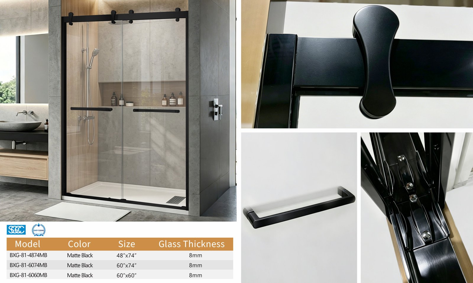 BXG-81 Stainless Steel Double Sliding Glass Shower Door with Self Cleaning Feature (48x74, 60x74, 60x60 Inches) - Image 20