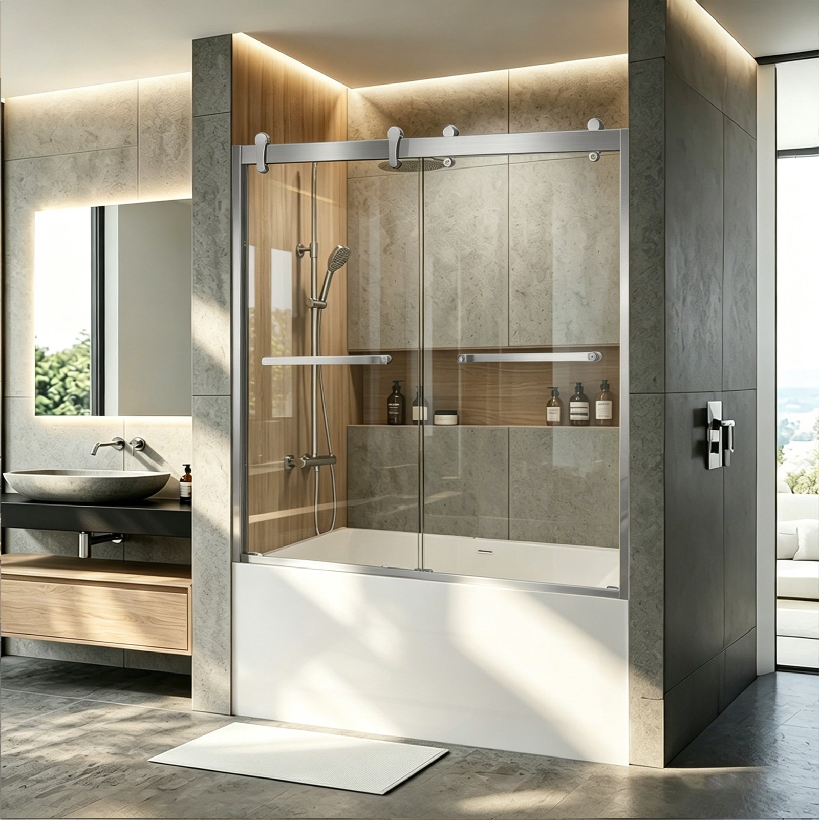 BXG-81 Stainless Steel Double Sliding Glass Shower Door with Self Cleaning Feature (48x74, 60x74, 60x60 Inches) - Image 3