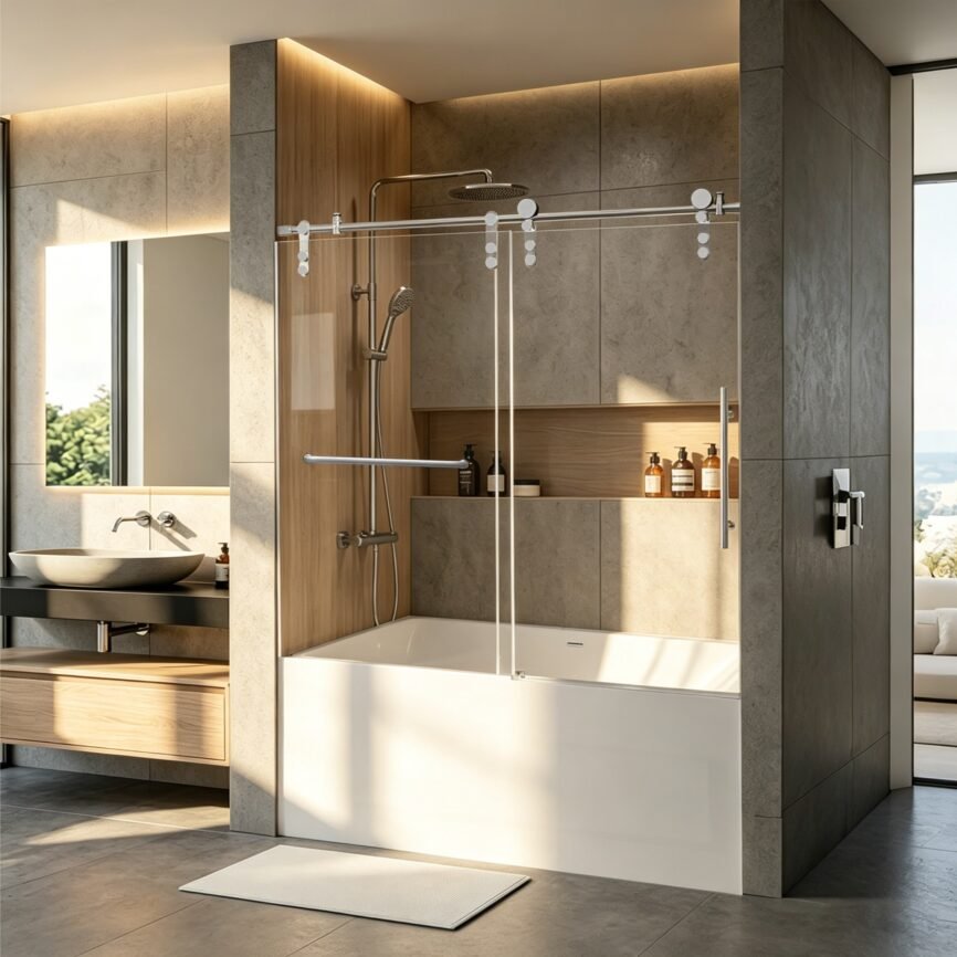 PF-125 - Frameless Stainless Steel Single Sliding Glass Shower Door with Self Cleaning Feature (48x74, 60x74, 60x60 Inches)