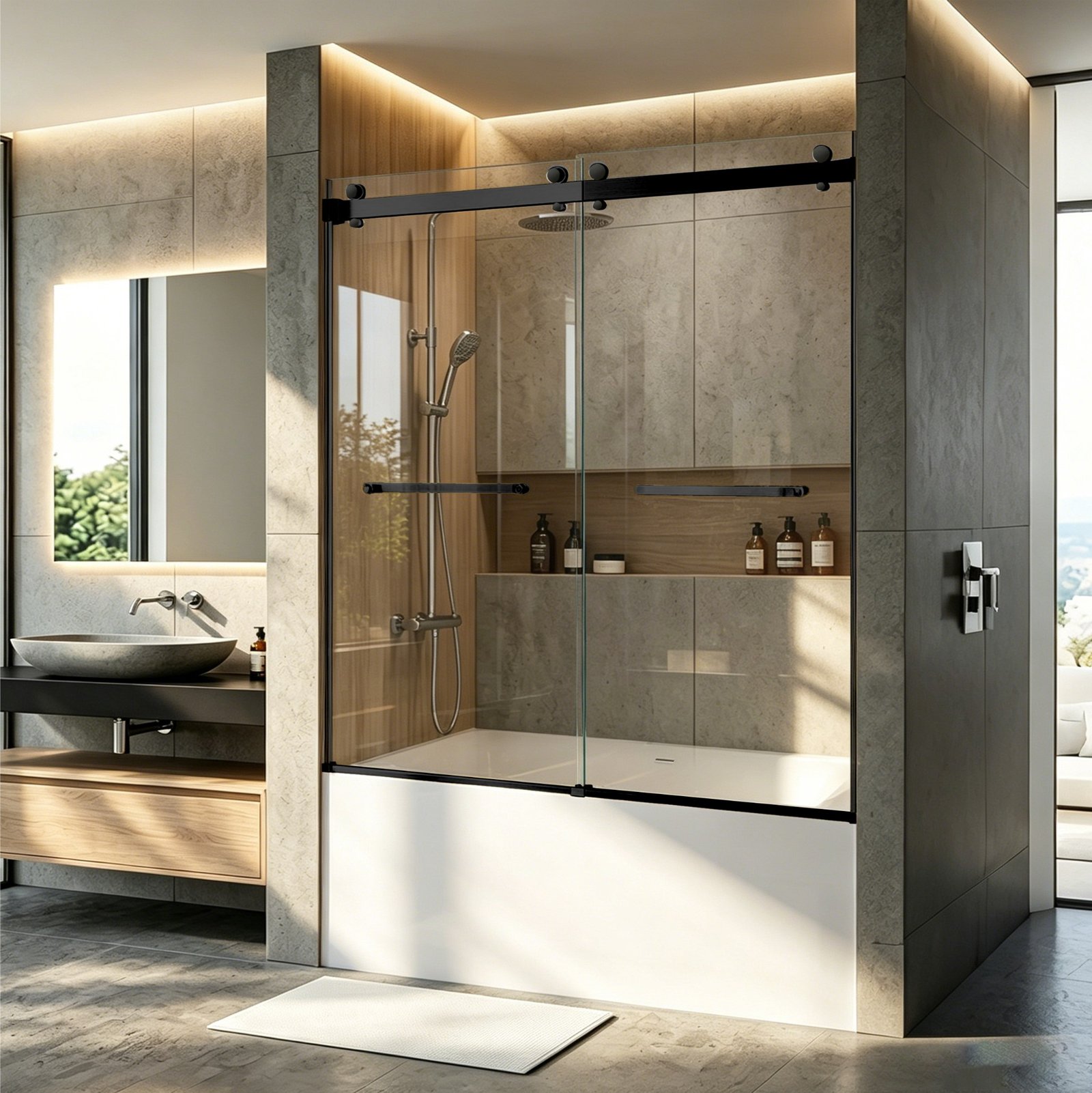 PF-92 Frameless Stainless Steel Double Sliding Glass Shower Door with Self Cleaning Feature (48x74, 60x74, 60x60 Inches) - Image 3