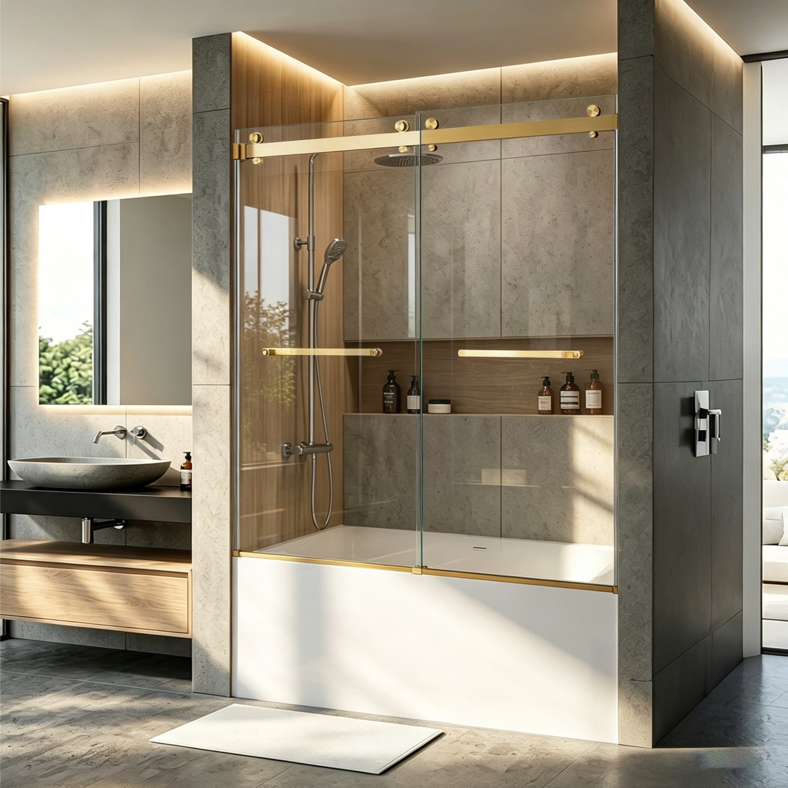 PF-92 Frameless Stainless Steel Double Sliding Glass Shower Door with Self Cleaning Feature (48x74, 60x74, 60x60 Inches) - Image 7