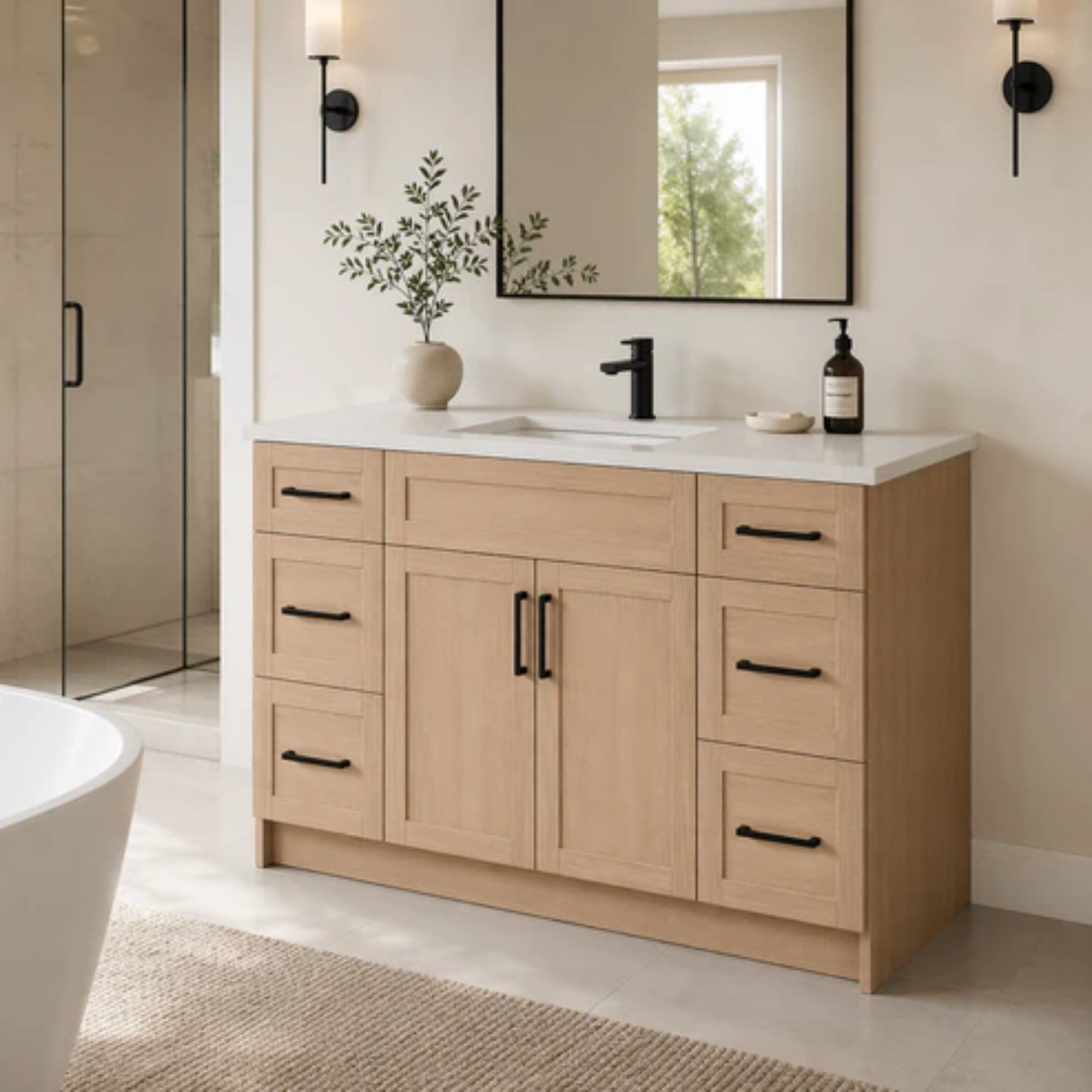 54” Bathroom Vanity Oak Light (HDF) – Regular Shaker_Free Standing With 6 Drawers (2)